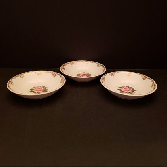 American Rose Dessert Fruit Bowls Small Paden City Pink Roses Gold Vintage Lot 3 - Picture 3 of 10